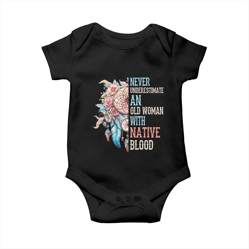 Native American Baby Onesie Never Underestimate An Old Woman With Native Blood Dreamcatcher TS11 Black Print Your Wear