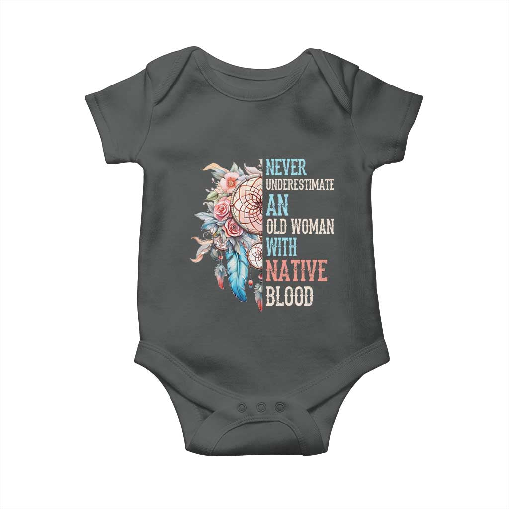 Native American Baby Onesie Never Underestimate An Old Woman With Native Blood Dreamcatcher TS11 Dark Heather Print Your Wear