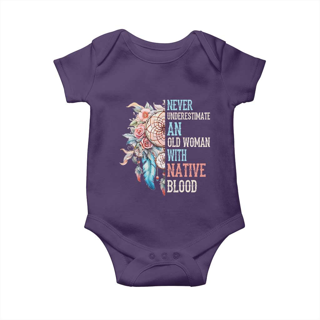 Native American Baby Onesie Never Underestimate An Old Woman With Native Blood Dreamcatcher TS11 Purple Print Your Wear