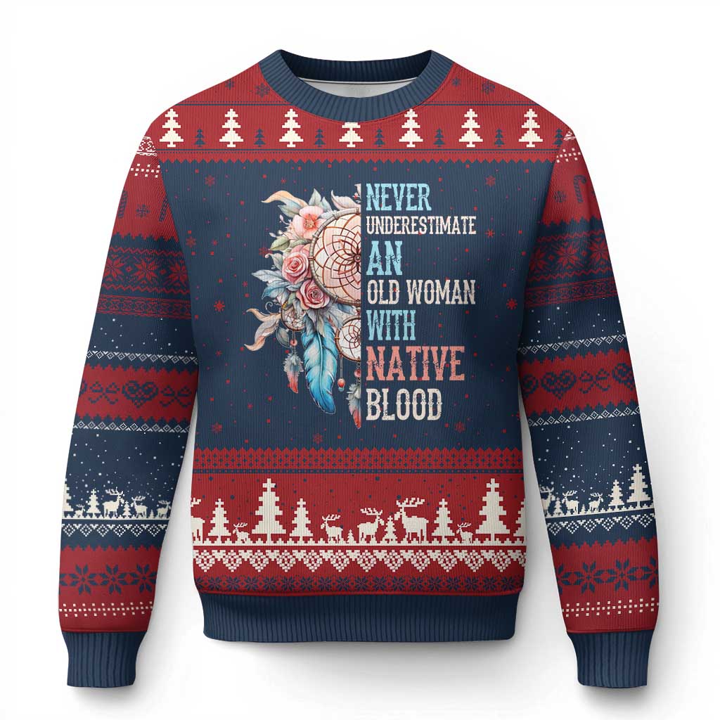 Native American Ugly Christmas Sweater Never Underestimate An Old Woman With Native Blood Dreamcatcher TS11 Navy Red Print Your Wear