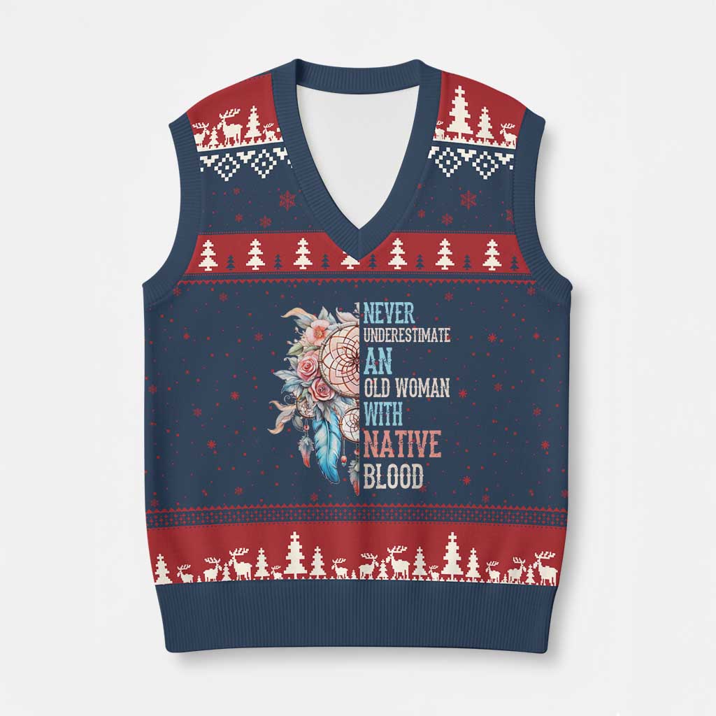 Native American V-Neck Knit Sweater Vest Never Underestimate An Old Woman With Native Blood Dreamcatcher TS11 Navy Red Print Your Wear