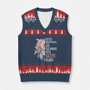 Native American V-Neck Knit Sweater Vest Never Underestimate An Old Woman With Native Blood Dreamcatcher TS11 Navy Red Print Your Wear