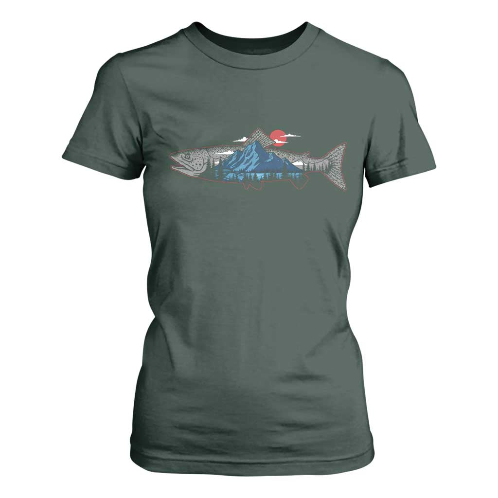 Trout Fly Fish Nature Montane Forest Fishing Camping T Shirt For Women TS11 Dark Forest Green Print Your Wear