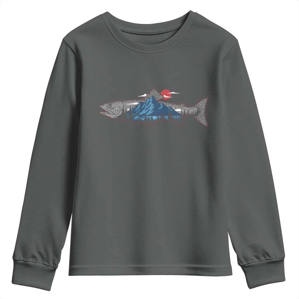 Trout Fly Fish Nature Montane Forest Fishing Camping Youth Sweatshirt TS11 Dark Heather Print Your Wear