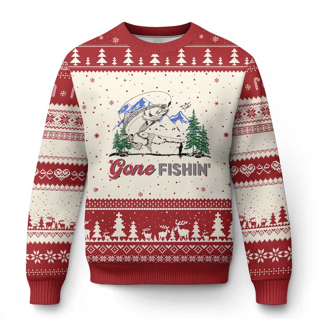Gone Fishing Ugly Christmas Sweater Trout Fishing Lover Montane Forest TS11 Beige Red Print Your Wear