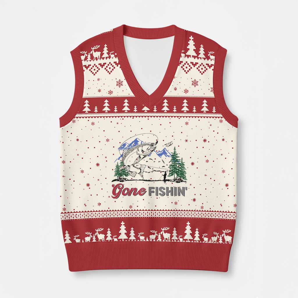Gone Fishing V-Neck Knit Sweater Vest Trout Fishing Lover Montane Forest TS11 Beige Red Print Your Wear