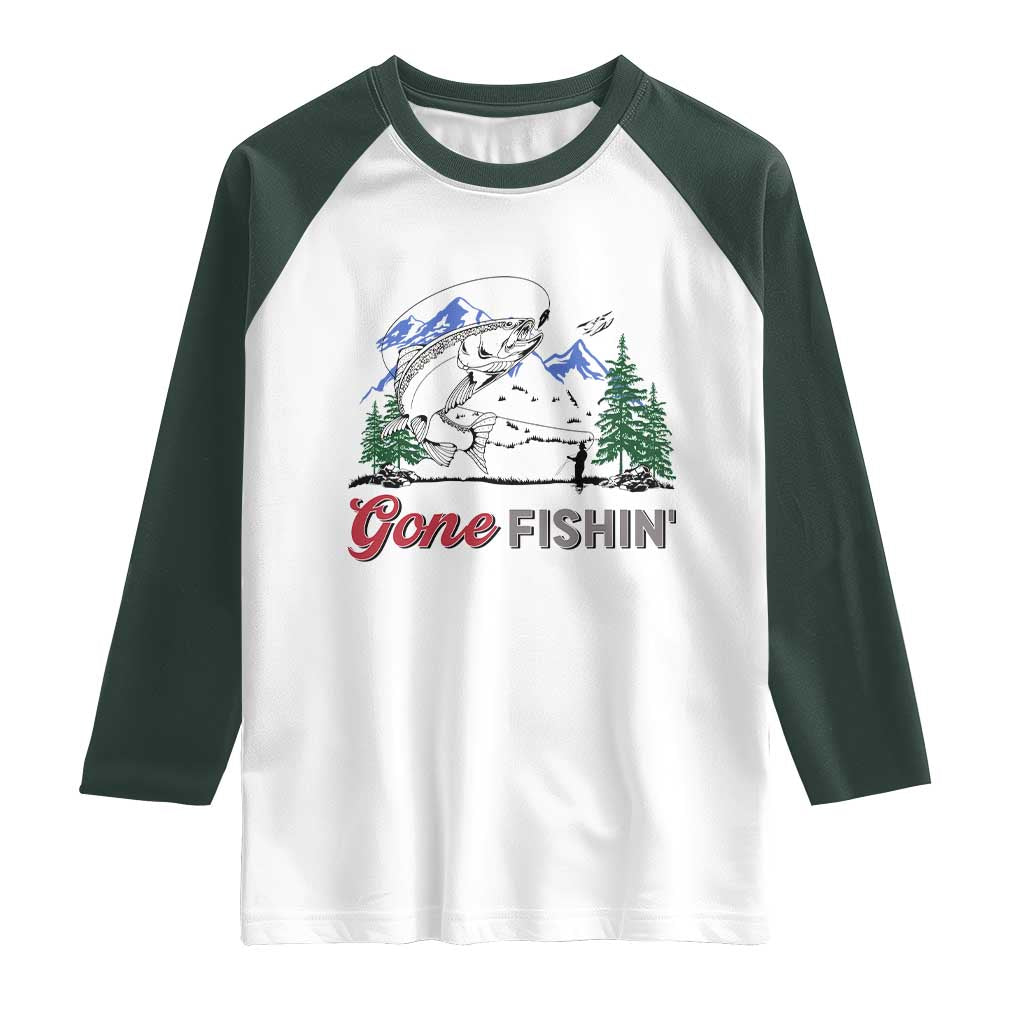 Gone Fishing Raglan Shirt Trout Fishing Lover Montane Forest TS11 White Dark Forest Green Print Your Wear