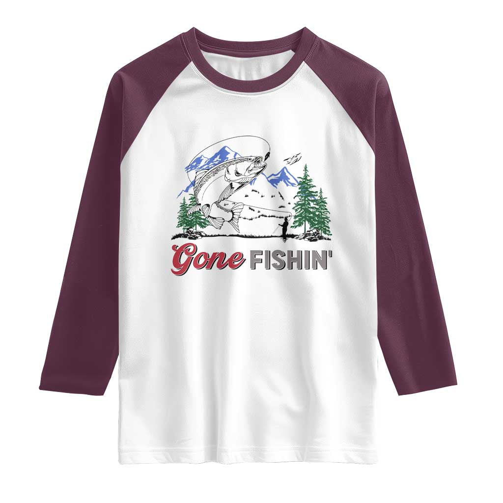 Gone Fishing Raglan Shirt Trout Fishing Lover Montane Forest TS11 White Maroon Print Your Wear