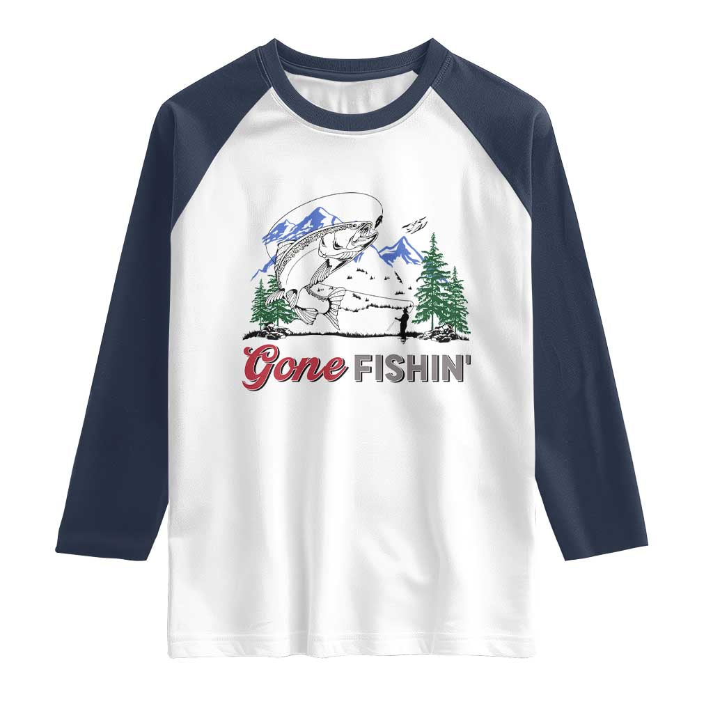 Gone Fishing Raglan Shirt Trout Fishing Lover Montane Forest TS11 White Navy Print Your Wear