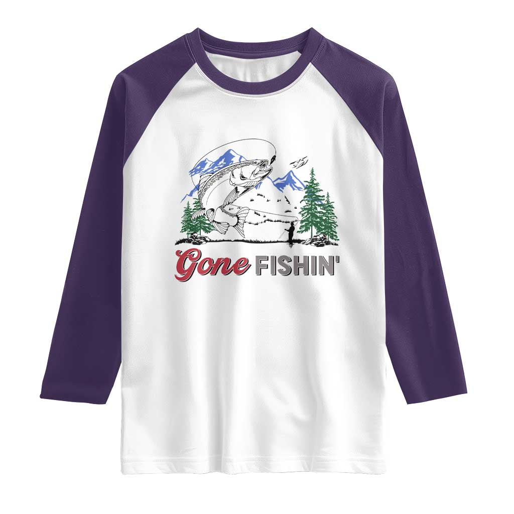 Gone Fishing Raglan Shirt Trout Fishing Lover Montane Forest TS11 White Purple Print Your Wear
