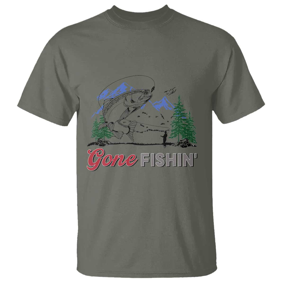 Gone Fishing T Shirt Trout Fishing Lover Montane Forest TS11 Military Green Print Your Wear