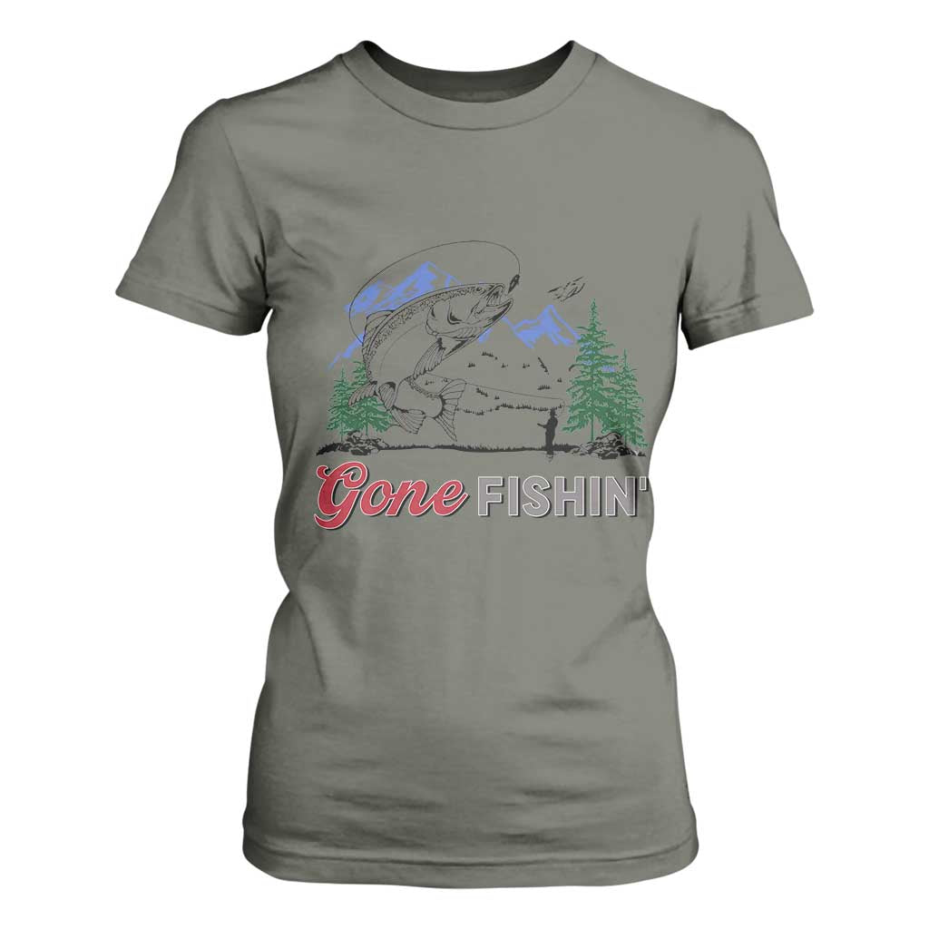 Gone Fishing T Shirt For Women Trout Fishing Lover Montane Forest TS11 Military Green Print Your Wear