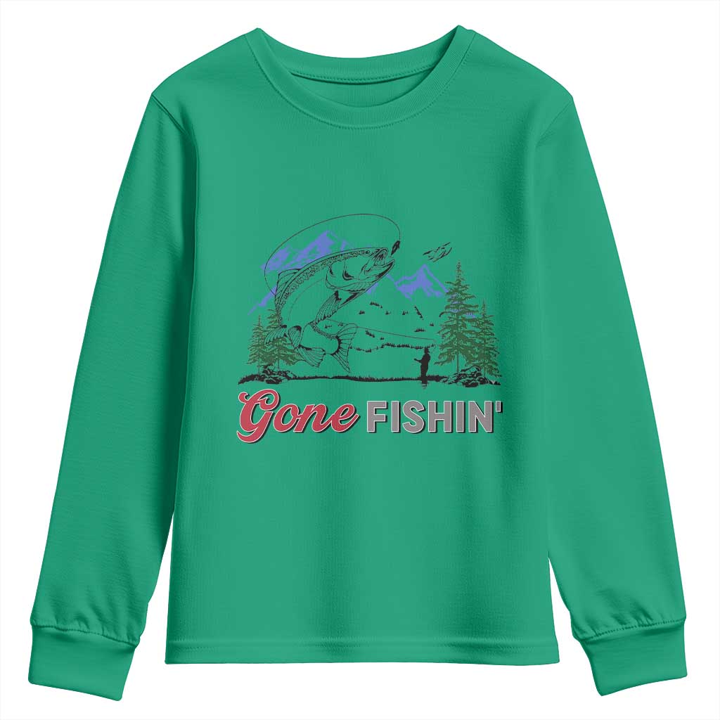 Gone Fishing Youth Sweatshirt Trout Fishing Lover Montane Forest TS11 Irish Green Print Your Wear