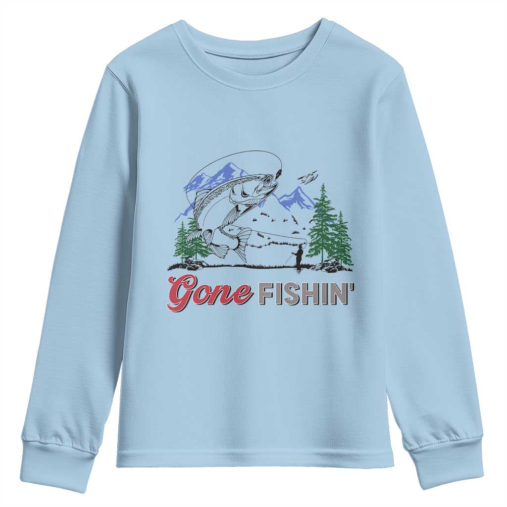 Gone Fishing Youth Sweatshirt Trout Fishing Lover Montane Forest TS11 Light Blue Print Your Wear
