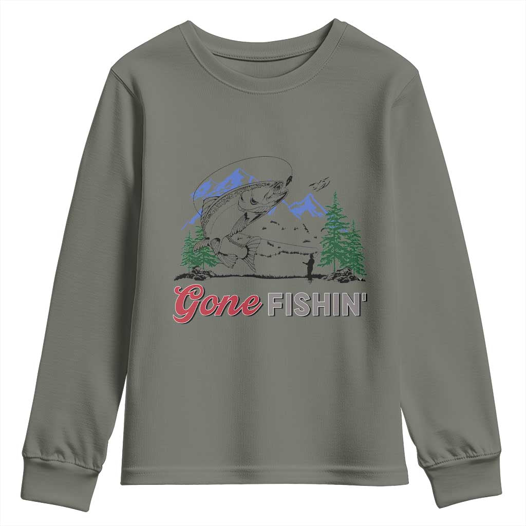 Gone Fishing Youth Sweatshirt Trout Fishing Lover Montane Forest TS11 Military Green Print Your Wear