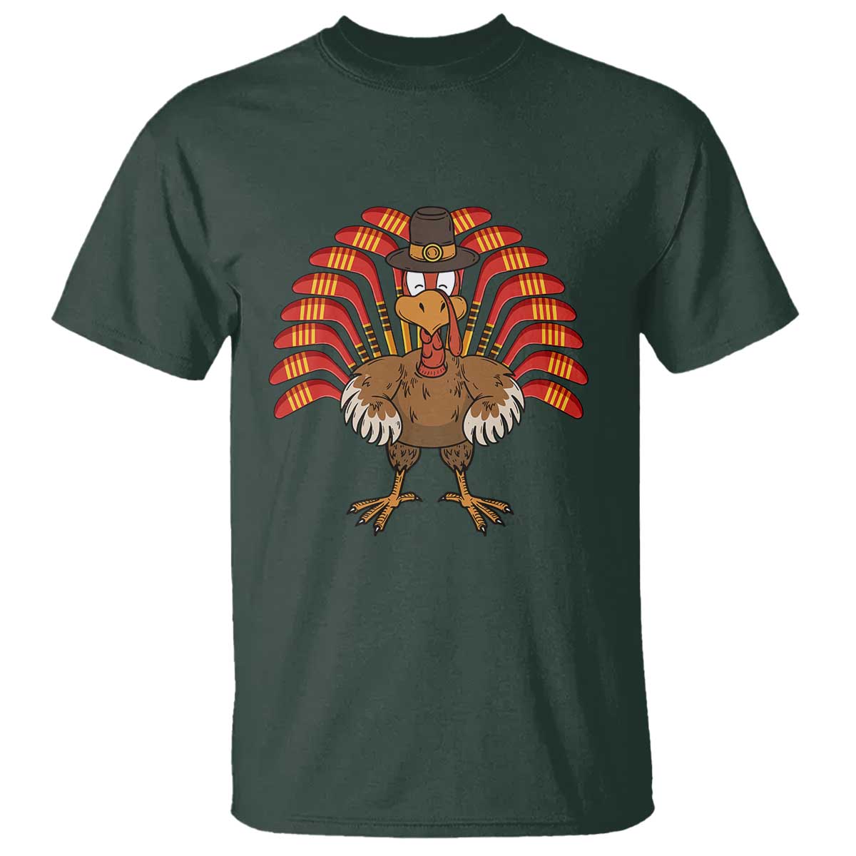 Thanksgiving Ice Hockey T Shirt Turkey Pilgrim Hat Fall Season TS11 Dark Forest Green Print Your Wear