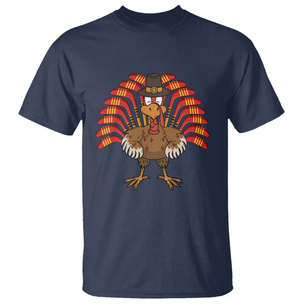 Thanksgiving Ice Hockey T Shirt Turkey Pilgrim Hat Fall Season TS11 Navy Print Your Wear