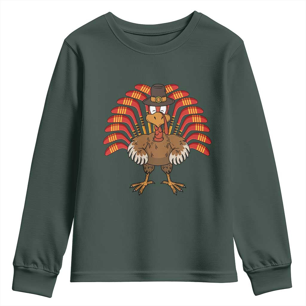 Thanksgiving Ice Hockey Youth Sweatshirt Turkey Pilgrim Hat Fall Season TS11 Dark Forest Green Print Your Wear