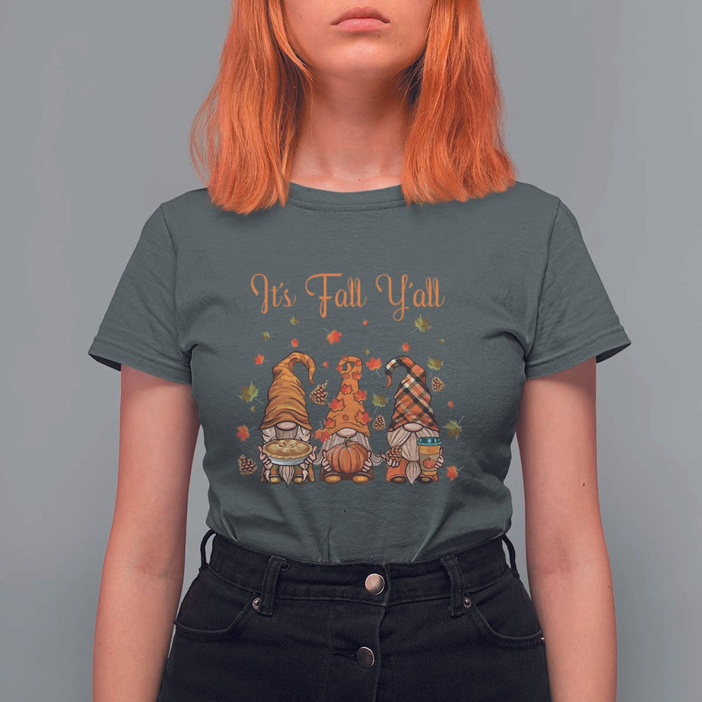 Autumn Season T Shirt For Women It's Fall Y'all Gnomies Thanksgiving Maple Leaf TS11 Dark Heather Print Your Wear
