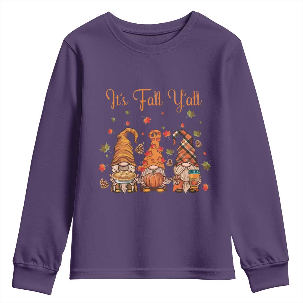 Autumn Season Youth Sweatshirt It's Fall Y'all Gnomies Thanksgiving Maple Leaf TS11 Purple Print Your Wear