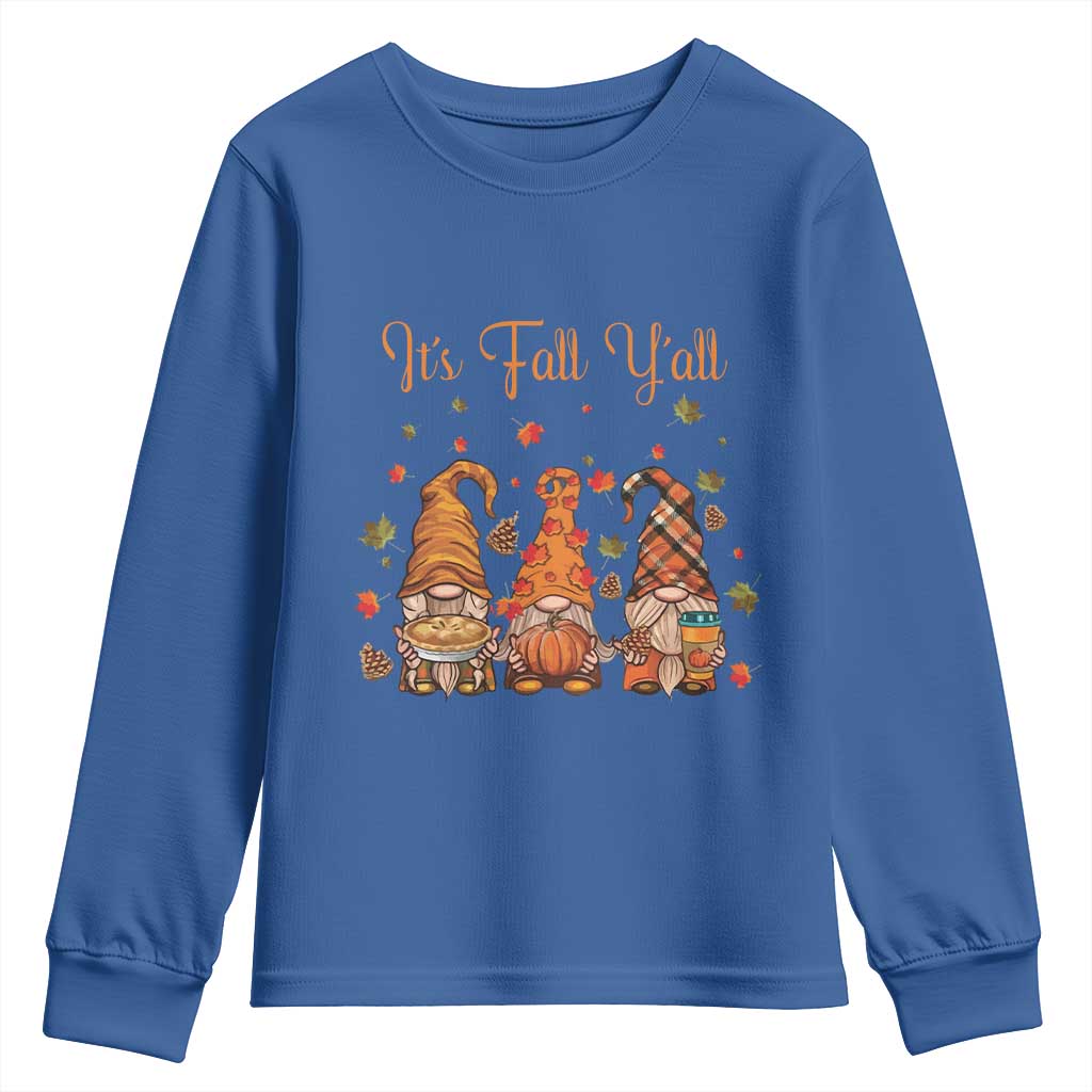 Autumn Season Youth Sweatshirt It's Fall Y'all Gnomies Thanksgiving Maple Leaf TS11 Royal Blue Print Your Wear