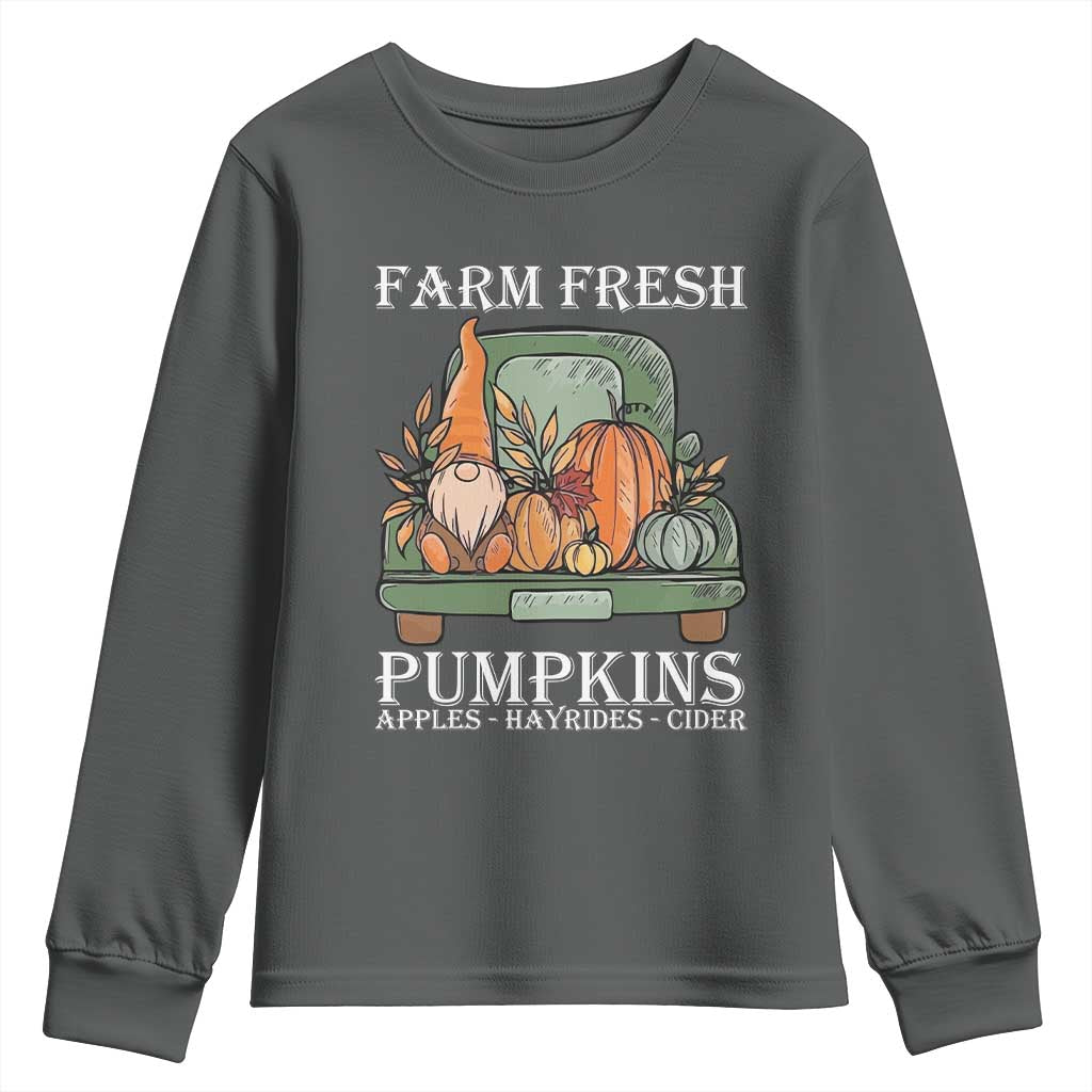 Thanksgiving Youth Sweatshirt Farm Fresh Pumpkins Apples Hayrides Cider Autumn Season TS11 Dark Heather Print Your Wear