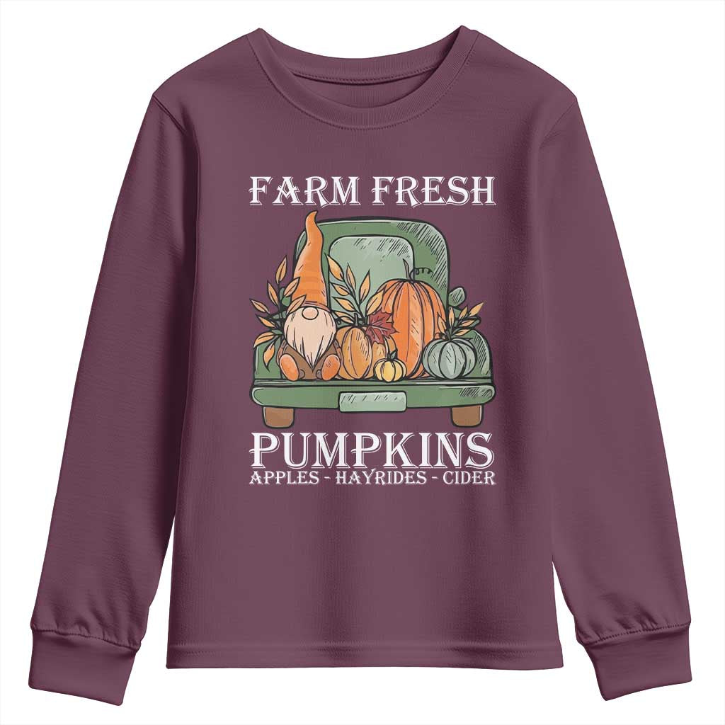 Thanksgiving Youth Sweatshirt Farm Fresh Pumpkins Apples Hayrides Cider Autumn Season TS11 Maroon Print Your Wear