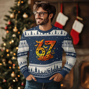 Funny 67 Halloween Ugly Christmas Sweater Spooky Six Seven Meme Gen Alpha Slang TS11 Navy Beige Print Your Wear