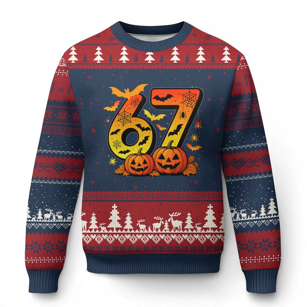 Funny 67 Halloween Ugly Christmas Sweater Spooky Six Seven Meme Gen Alpha Slang TS11 Navy Red Print Your Wear
