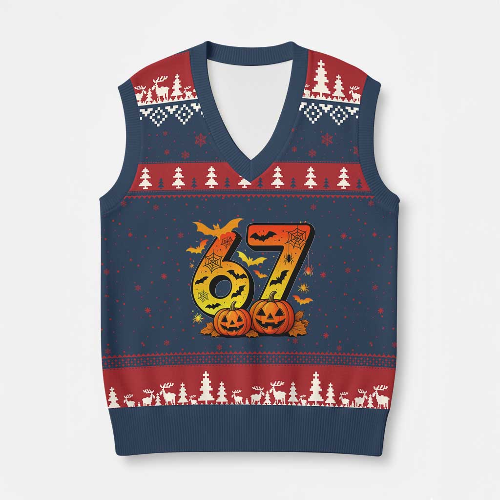 Funny 67 Halloween V-Neck Knit Sweater Vest Spooky Six Seven Meme Gen Alpha Slang TS11 Navy Red Print Your Wear