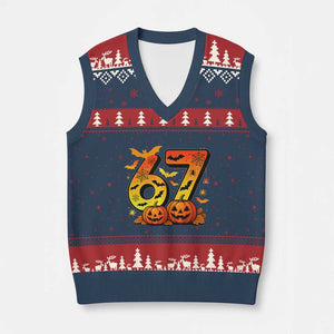 Funny 67 Halloween V-Neck Knit Sweater Vest Spooky Six Seven Meme Gen Alpha Slang TS11 Navy Red Print Your Wear