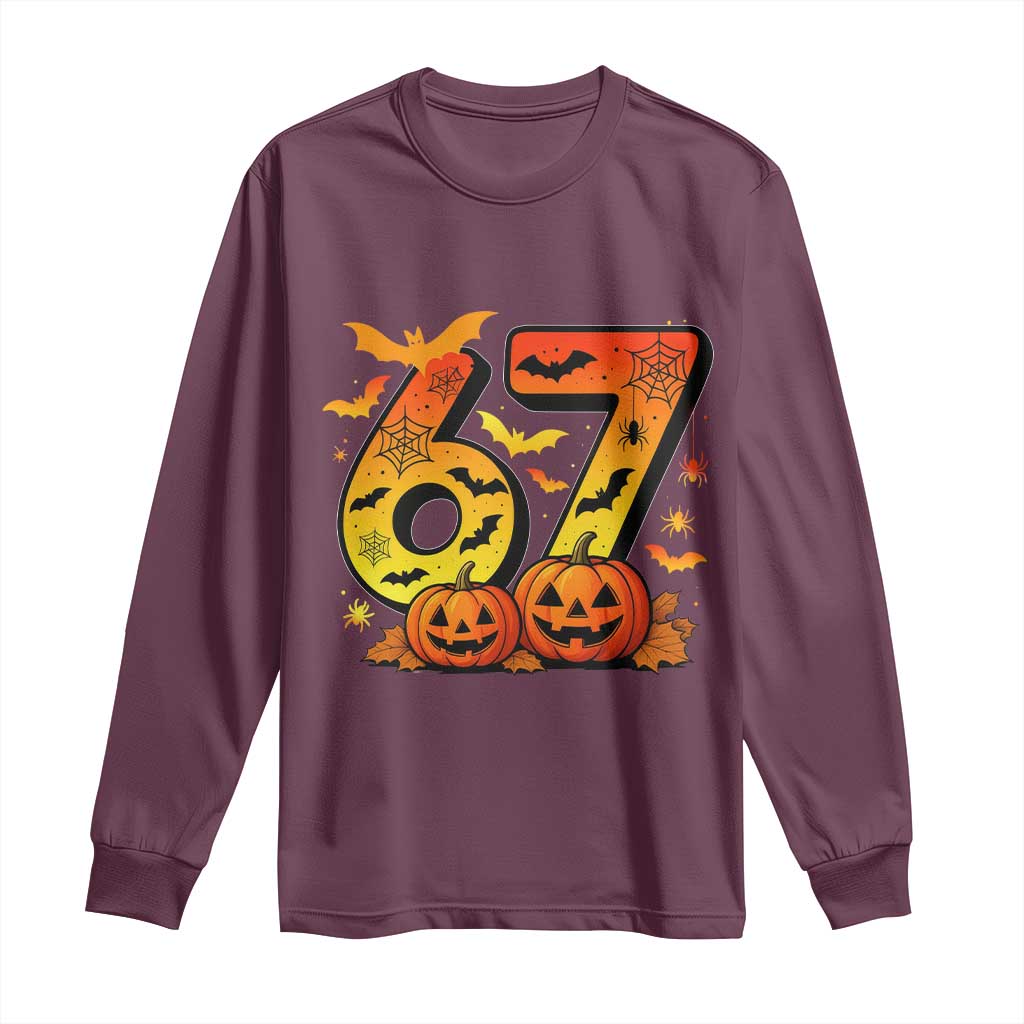 Funny 67 Halloween Long Sleeve Shirt Spooky Six Seven Meme Gen Alpha Slang TS11 Maroon Print Your Wear