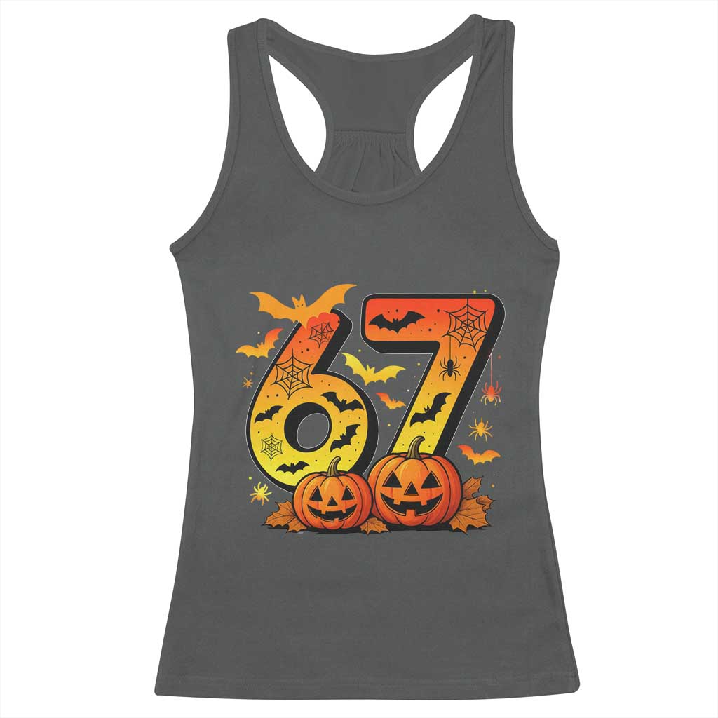 Funny 67 Halloween Racerback Tank Top Spooky Six Seven Meme Gen Alpha Slang TS11 Dark Heather Print Your Wear