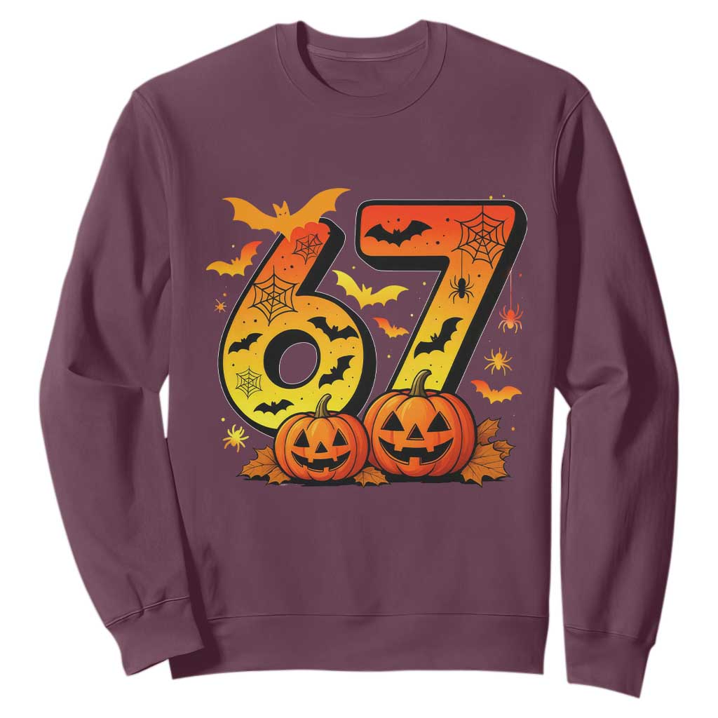 Funny 67 Halloween Sweatshirt Spooky Six Seven Meme Gen Alpha Slang TS11 Maroon Print Your Wear