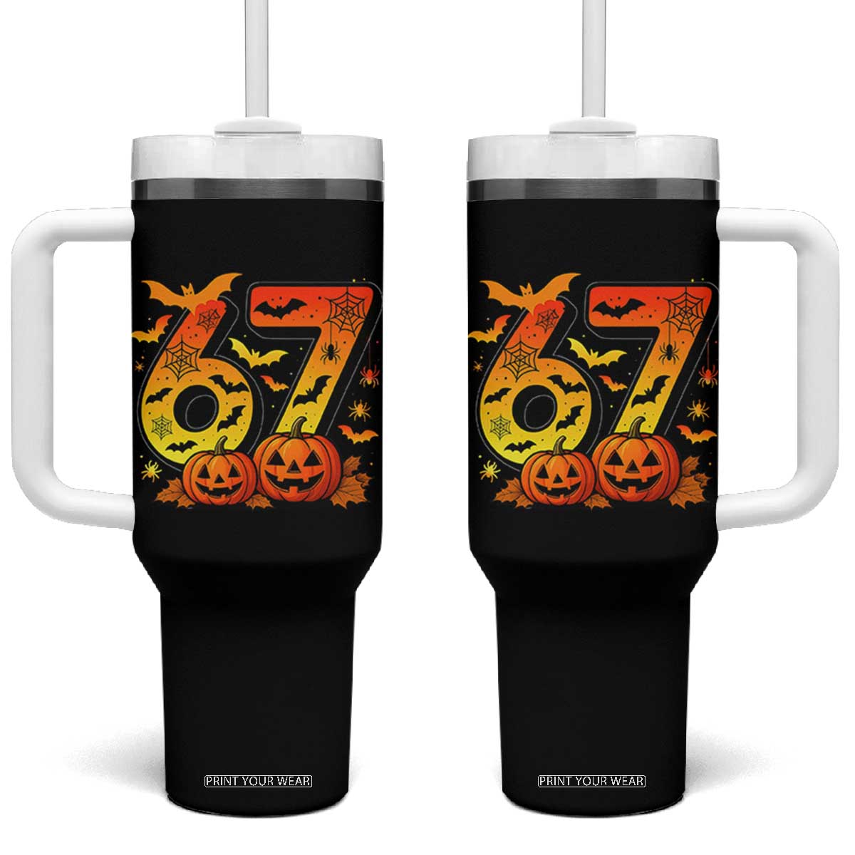 Funny 67 Halloween Tumbler With Handle Spooky Six Seven Meme Gen Alpha Slang TS11 One Size: 40 oz Black Print Your Wear