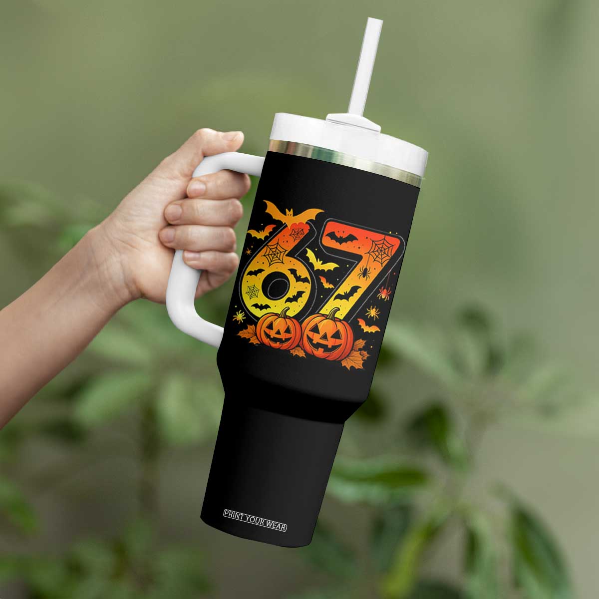Funny 67 Halloween Tumbler With Handle Spooky Six Seven Meme Gen Alpha Slang TS11 Print Your Wear