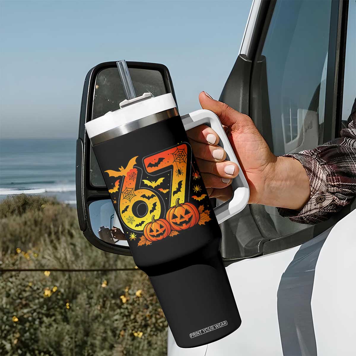 Funny 67 Halloween Tumbler With Handle Spooky Six Seven Meme Gen Alpha Slang TS11 Print Your Wear