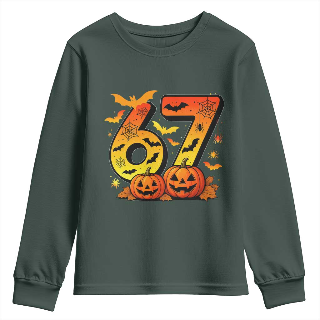 Funny 67 Halloween Youth Sweatshirt Spooky Six Seven Meme Gen Alpha Slang TS11 Dark Forest Green Print Your Wear