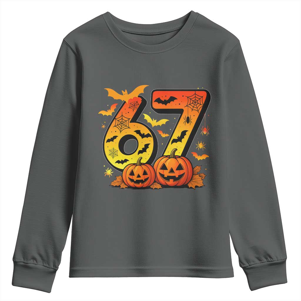 Funny 67 Halloween Youth Sweatshirt Spooky Six Seven Meme Gen Alpha Slang TS11 Dark Heather Print Your Wear