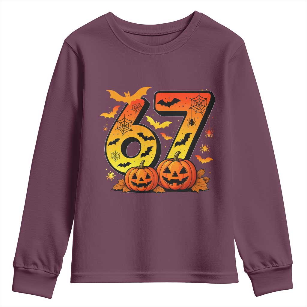 Funny 67 Halloween Youth Sweatshirt Spooky Six Seven Meme Gen Alpha Slang TS11 Maroon Print Your Wear