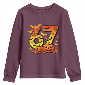 Funny 67 Halloween Youth Sweatshirt Spooky Six Seven Meme Gen Alpha Slang TS11 Maroon Print Your Wear