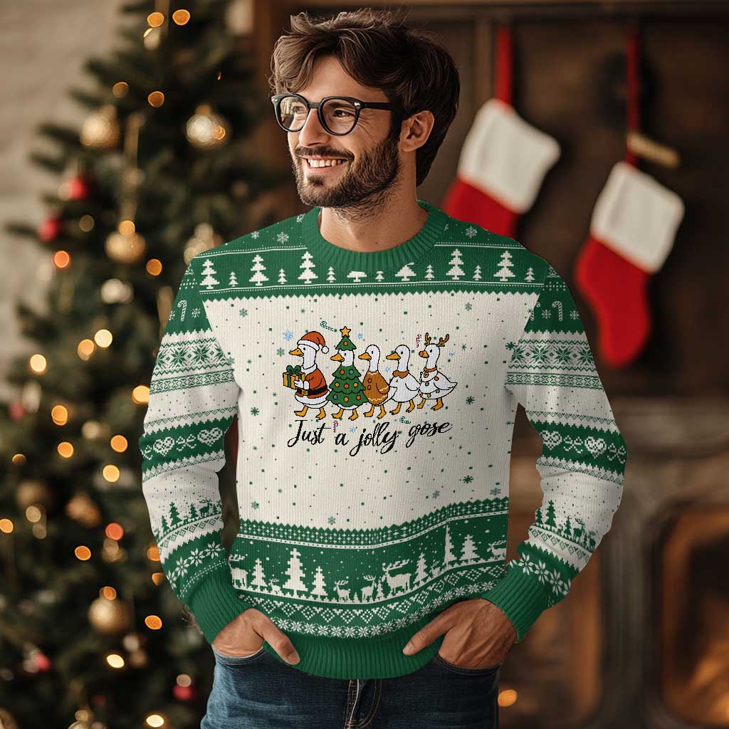 Funny Christmas Silly Goose Ugly Christmas Sweater Just A Jolly Goose Xmas Poultry Animal Humor TS11 Beige Green Print Your Wear