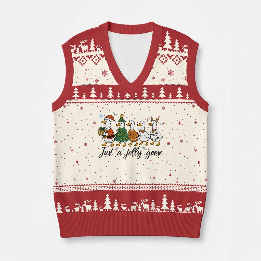 Funny Christmas Silly Goose V-Neck Knit Sweater Vest Just A Jolly Goose Xmas Poultry Animal Humor TS11 Beige Red Print Your Wear