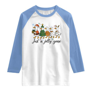 Funny Christmas Silly Goose Raglan Shirt Just A Jolly Goose Xmas Poultry Animal Humor TS11 White Carolina Blue Print Your Wear