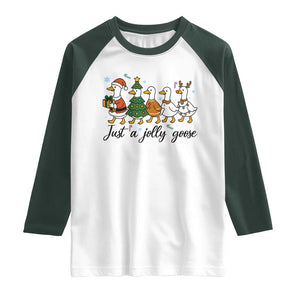 Funny Christmas Silly Goose Raglan Shirt Just A Jolly Goose Xmas Poultry Animal Humor TS11 White Dark Forest Green Print Your Wear