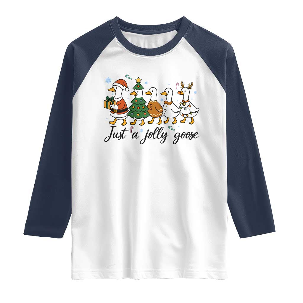 Funny Christmas Silly Goose Raglan Shirt Just A Jolly Goose Xmas Poultry Animal Humor TS11 White Navy Print Your Wear