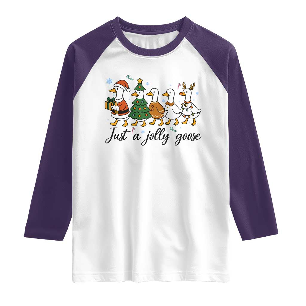 Funny Christmas Silly Goose Raglan Shirt Just A Jolly Goose Xmas Poultry Animal Humor TS11 White Purple Print Your Wear