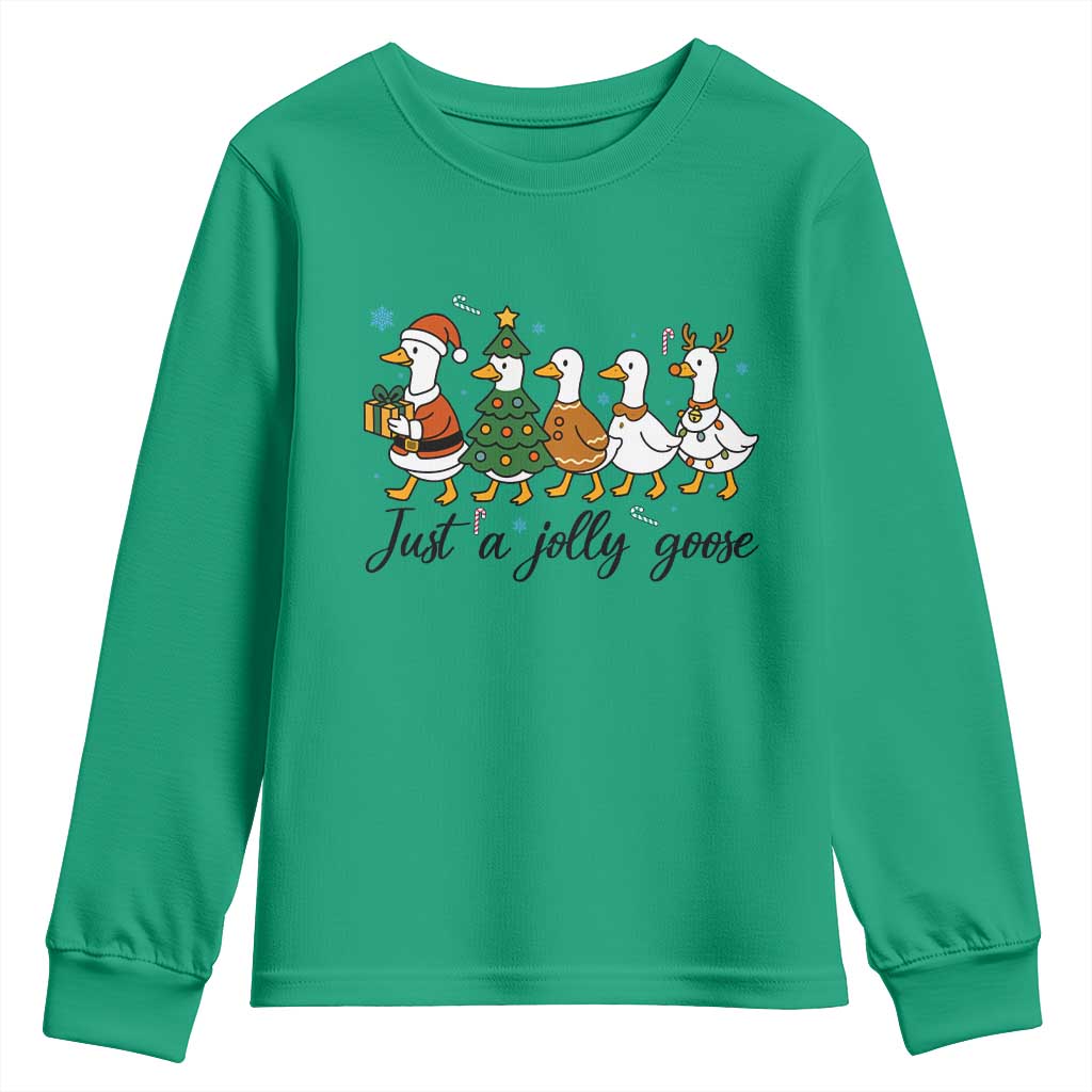 Funny Christmas Silly Goose Youth Sweatshirt Just A Jolly Goose Xmas Poultry Animal Humor TS11 Irish Green Print Your Wear