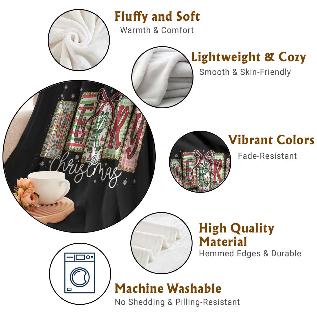 Merry Christmas Coquette Xmas Faux Glitter Gingham Tartan Doodle Throw Blanket TS11 Print Your Wear