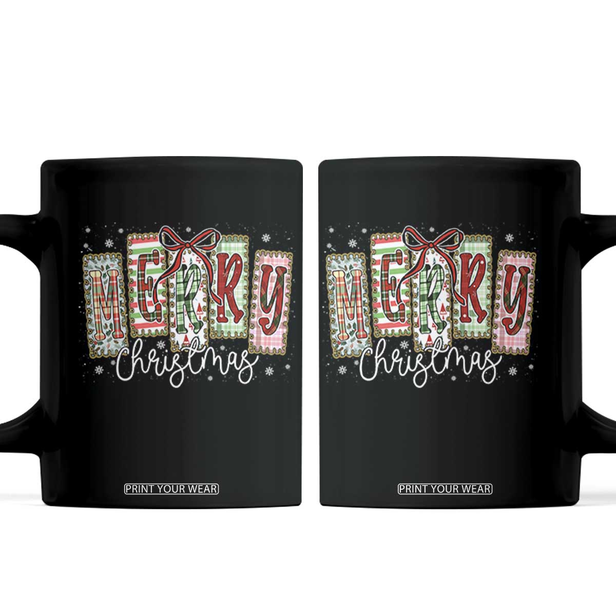 Merry Christmas Coquette Xmas Faux Glitter Gingham Tartan Doodle Coffee Mug TS11 Black Print Your Wear